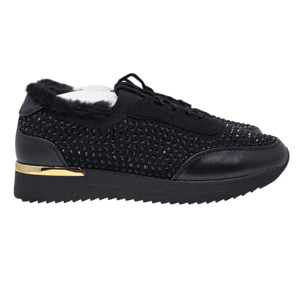 Kenneth Cole Reaction‎ Women Black Faux Fur Jewel Jogger Sneaker Size 7 NIB